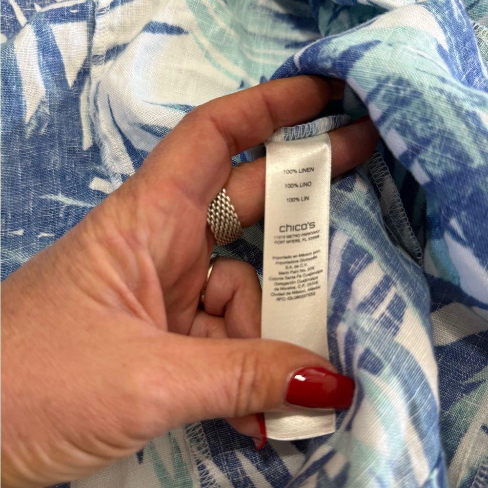Chico’s Tropical Blue Leaf Print 100% linen open cardigan in size XL (3) - Picture 12 of 13